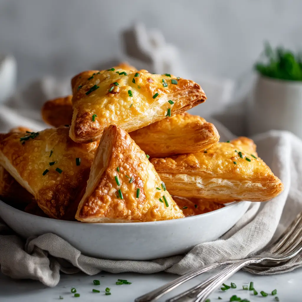 A golden brown puff pastry egg tart cut in half, revealing a gooey cheese and ham filling. An example of an easy brunch recipe.