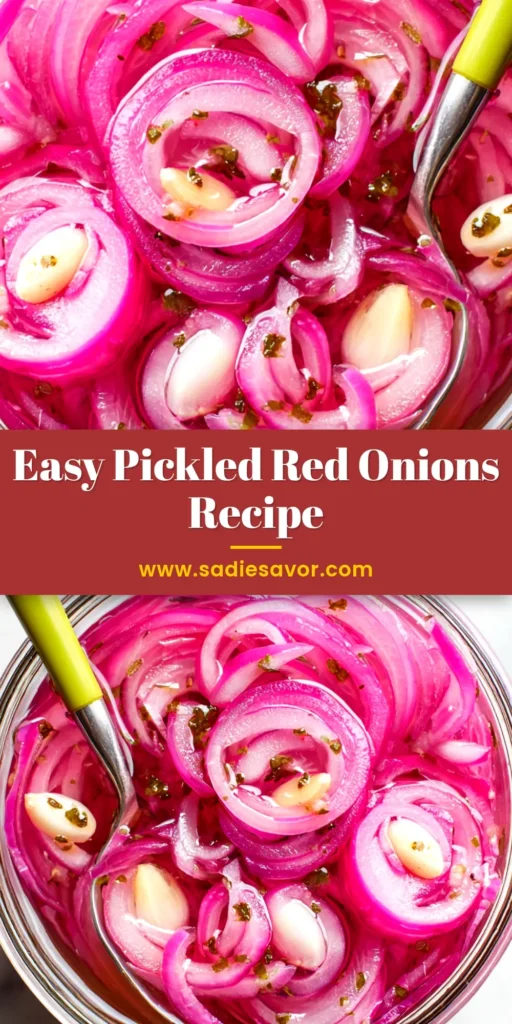 A beautiful jar of vibrant, crisp quick pickled red onions, perfect for adding a tangy crunch to tacos, salads, and sandwiches.