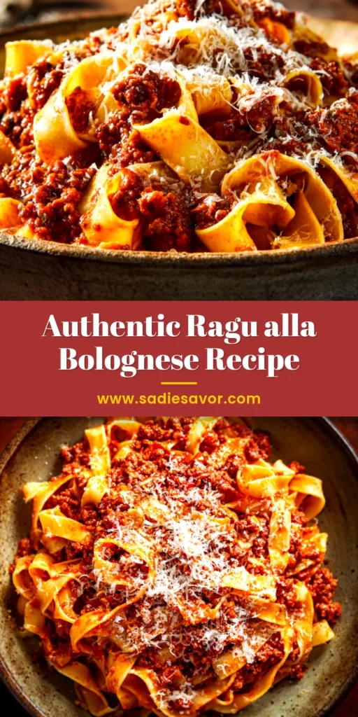 A close-up shot of authentic Ragu alla Bolognese served over fresh tagliatelle pasta in a white bowl, garnished with parmesan cheese.