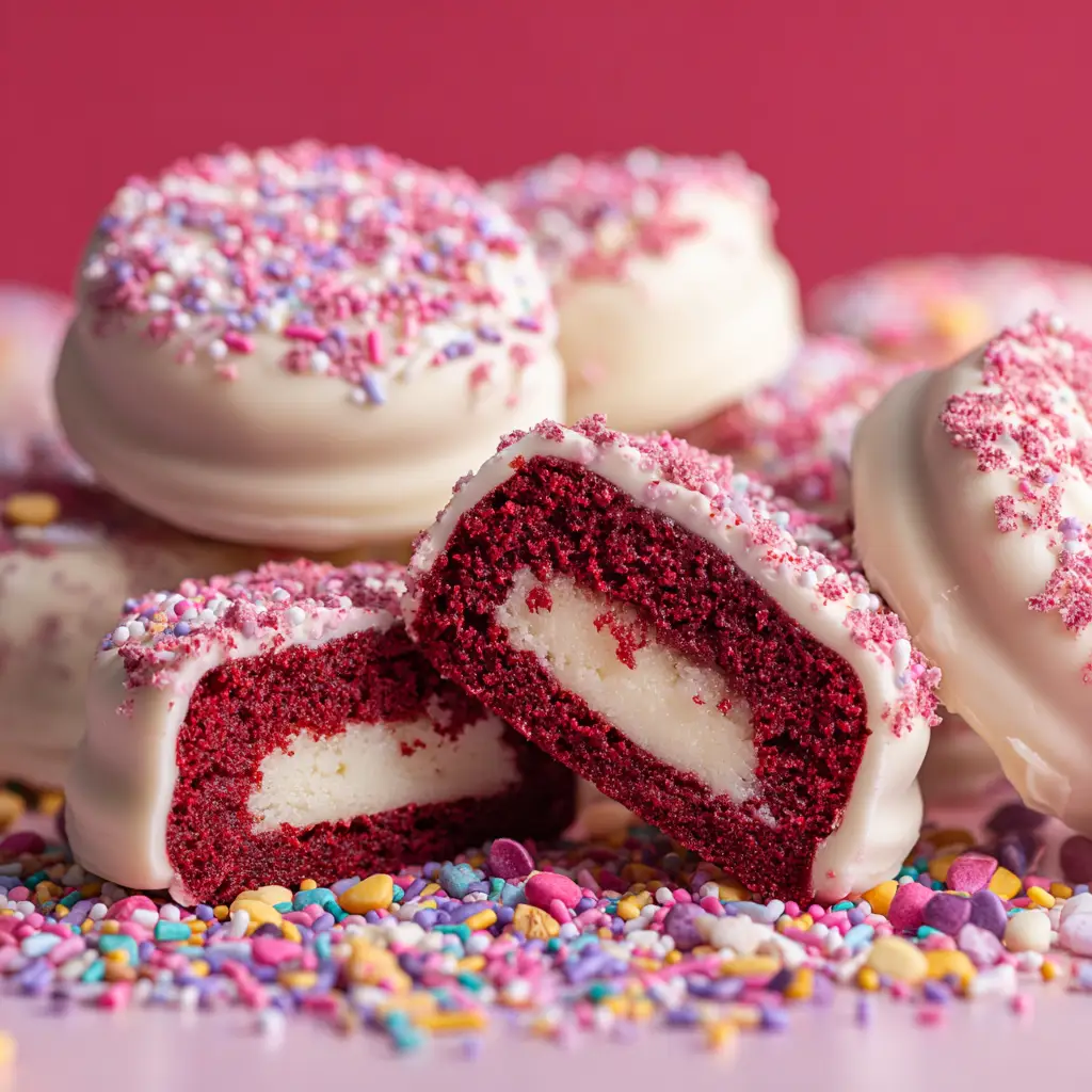 A finished Red Velvet Cake Puck with a generous topping of easy cream cheese frosting. The background shows more pucks ready to be served.
