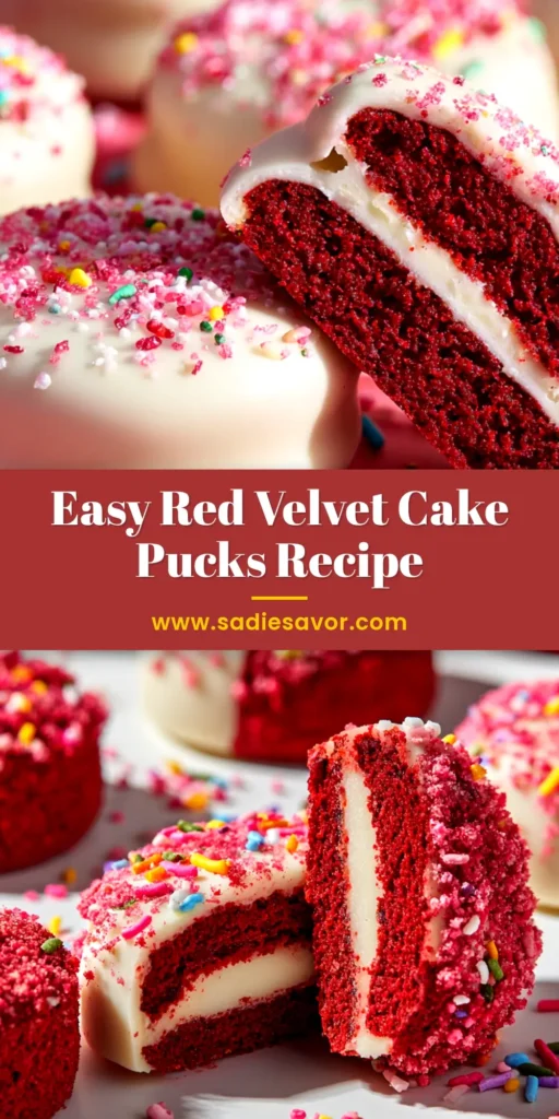 A close-up of several Red Velvet Cake Pucks arranged on a white platter, topped with swirls of cream cheese frosting and red velvet crumbs. The perfect single-serving dessert recipe.