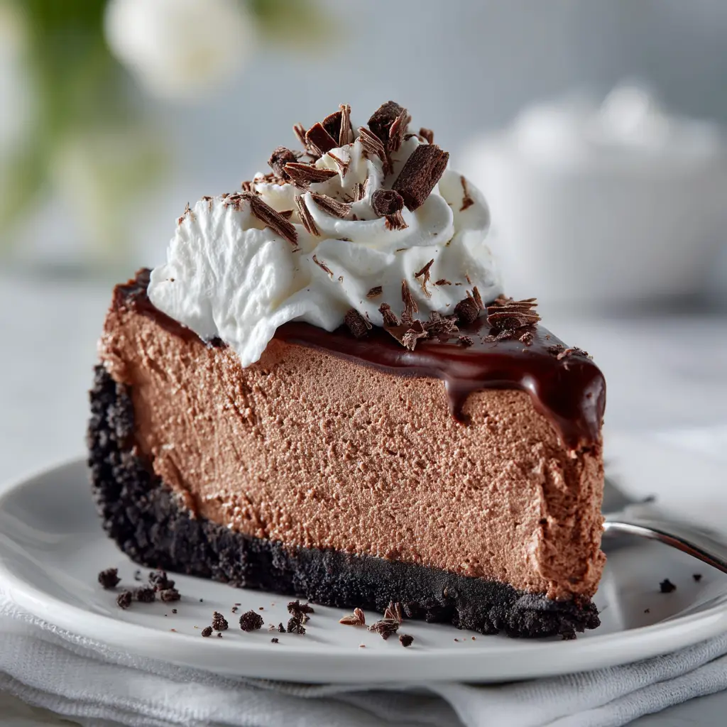 A fork cutting into a slice of no-bake chocolate cheesecake, revealing the rich and decadent chocolate filling.