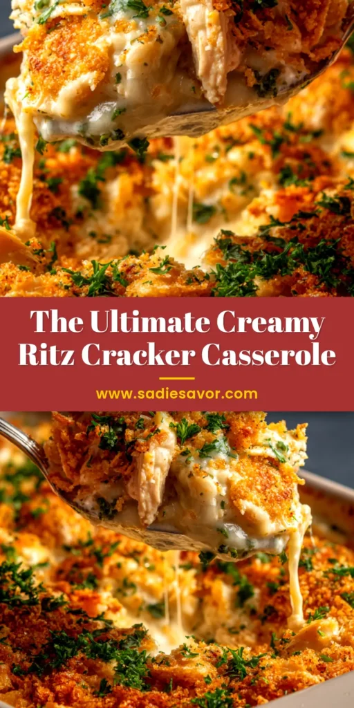 A golden brown Ritz Cracker Chicken Casserole in a white baking dish, with a serving scooped out to show the creamy interior.