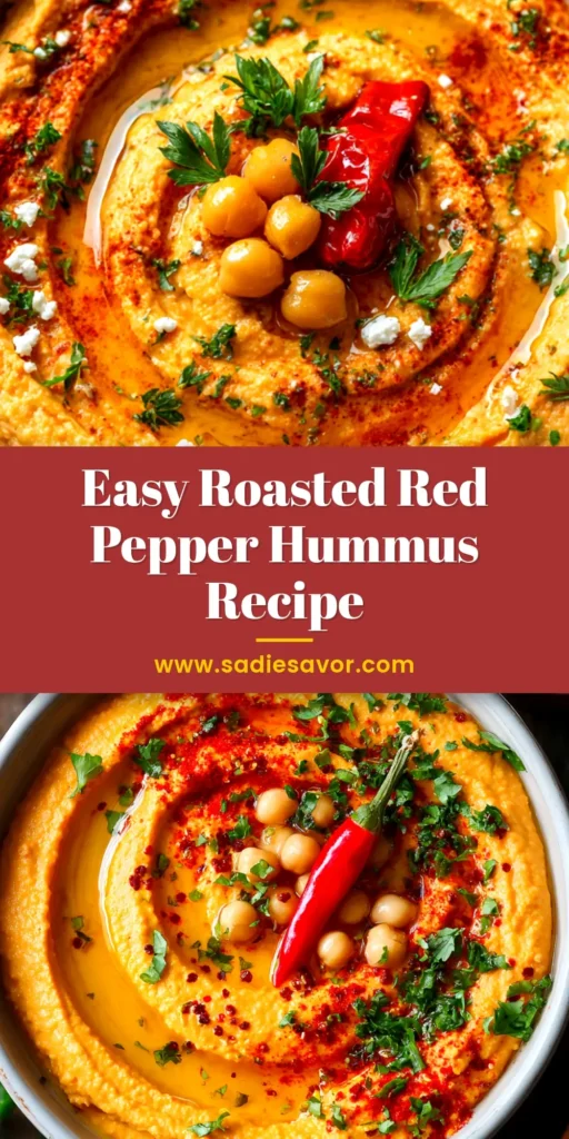 A shareable pin image for a creamy roasted red pepper hummus recipe, showing the finished dip in a bowl with pita bread.