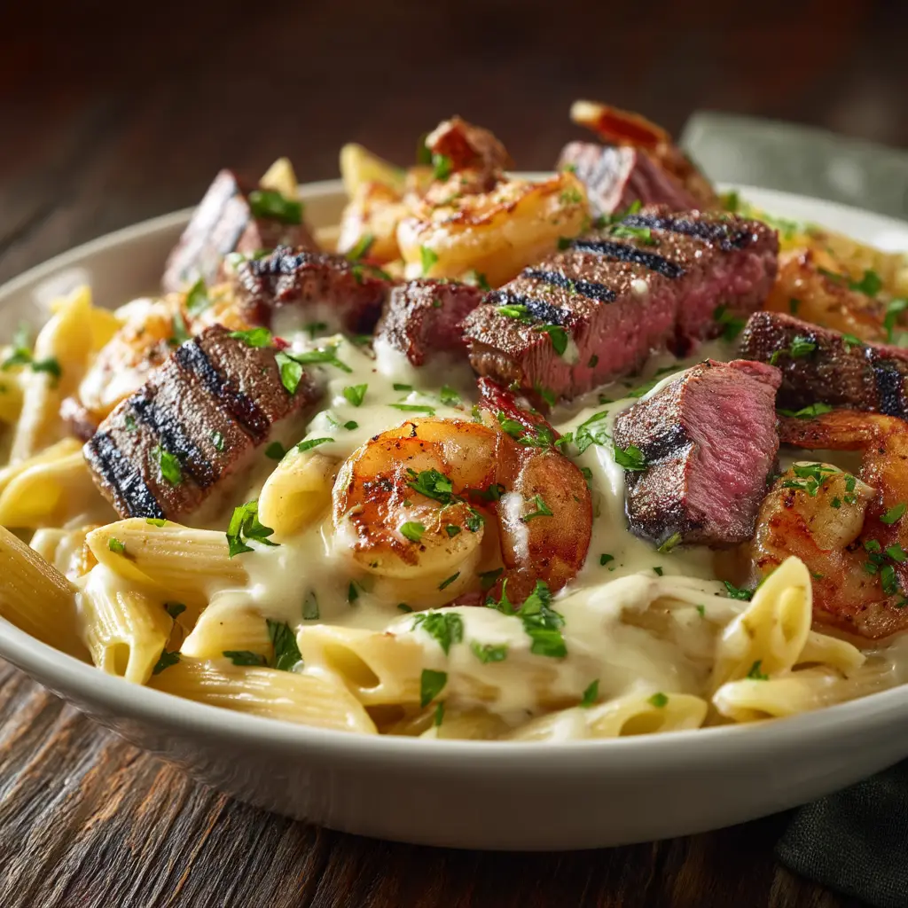 Perfectly seared blackened steak and shrimp ready to be added to the Alfredo pasta dish.