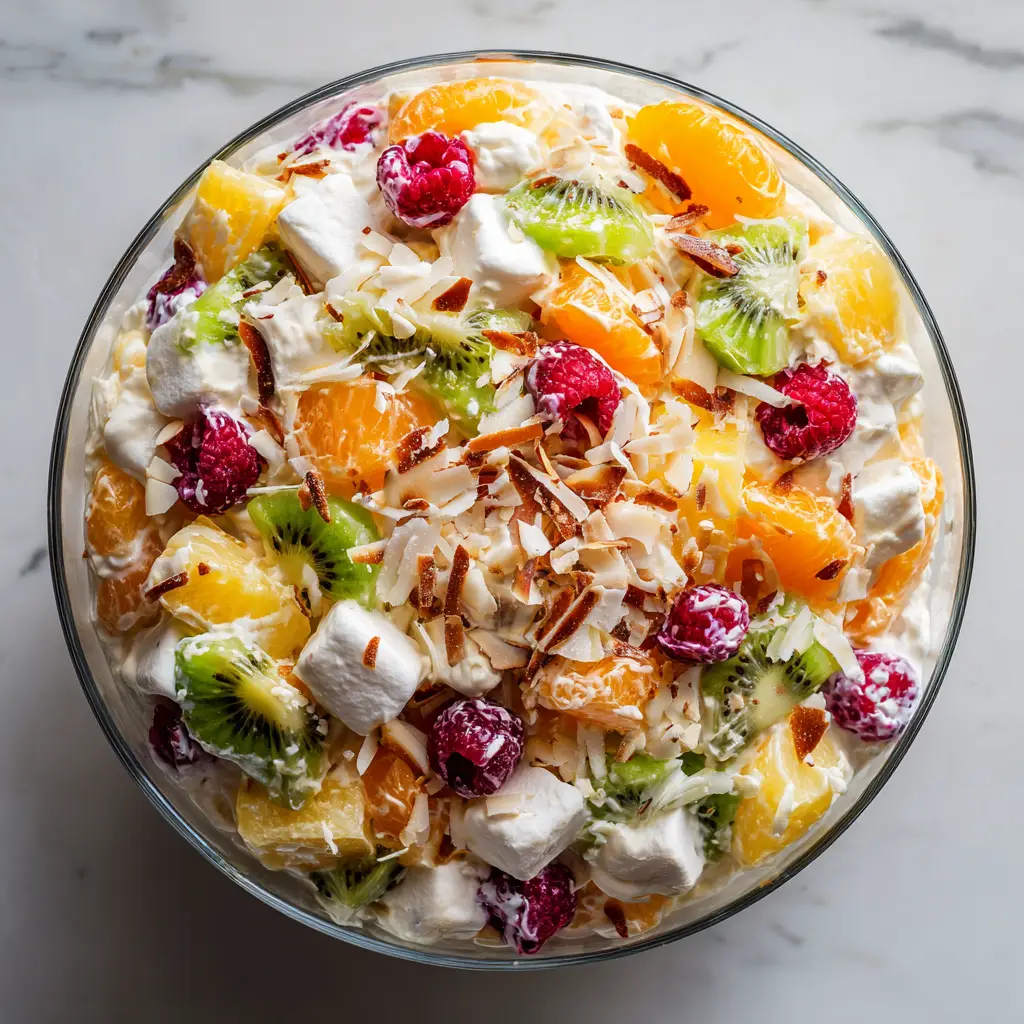 A serving spoon scooping some Ambrosia Fruit Salad from a large bowl, showing the combination of fruits and marshmallows.
