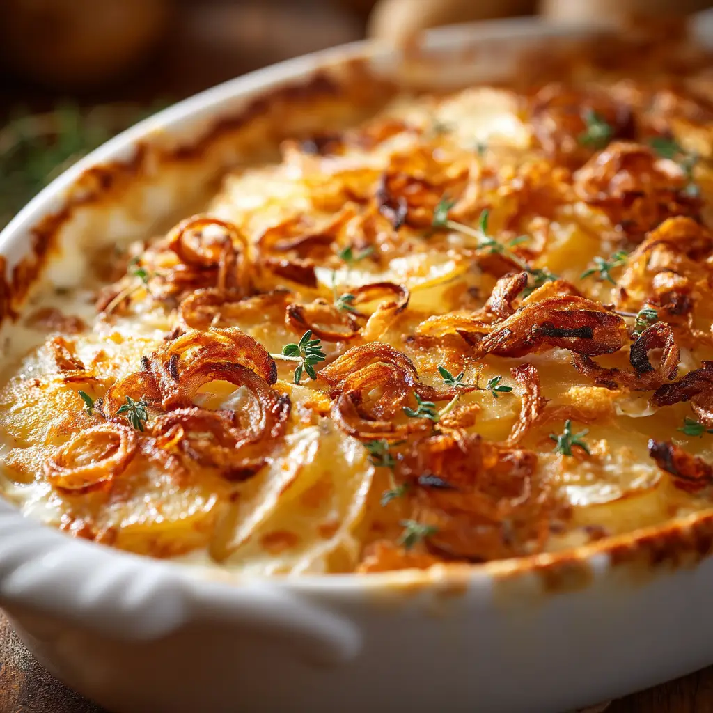 A scoop of crispy onion scalloped potatoes on a serving spoon, showing the perfectly cooked, layered potatoes and the creamy sauce.