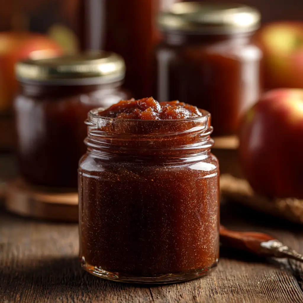 A small white bowl filled with finished crock pot apple butter, garnished with a cinnamon stick and sitting next to fresh apple slices.