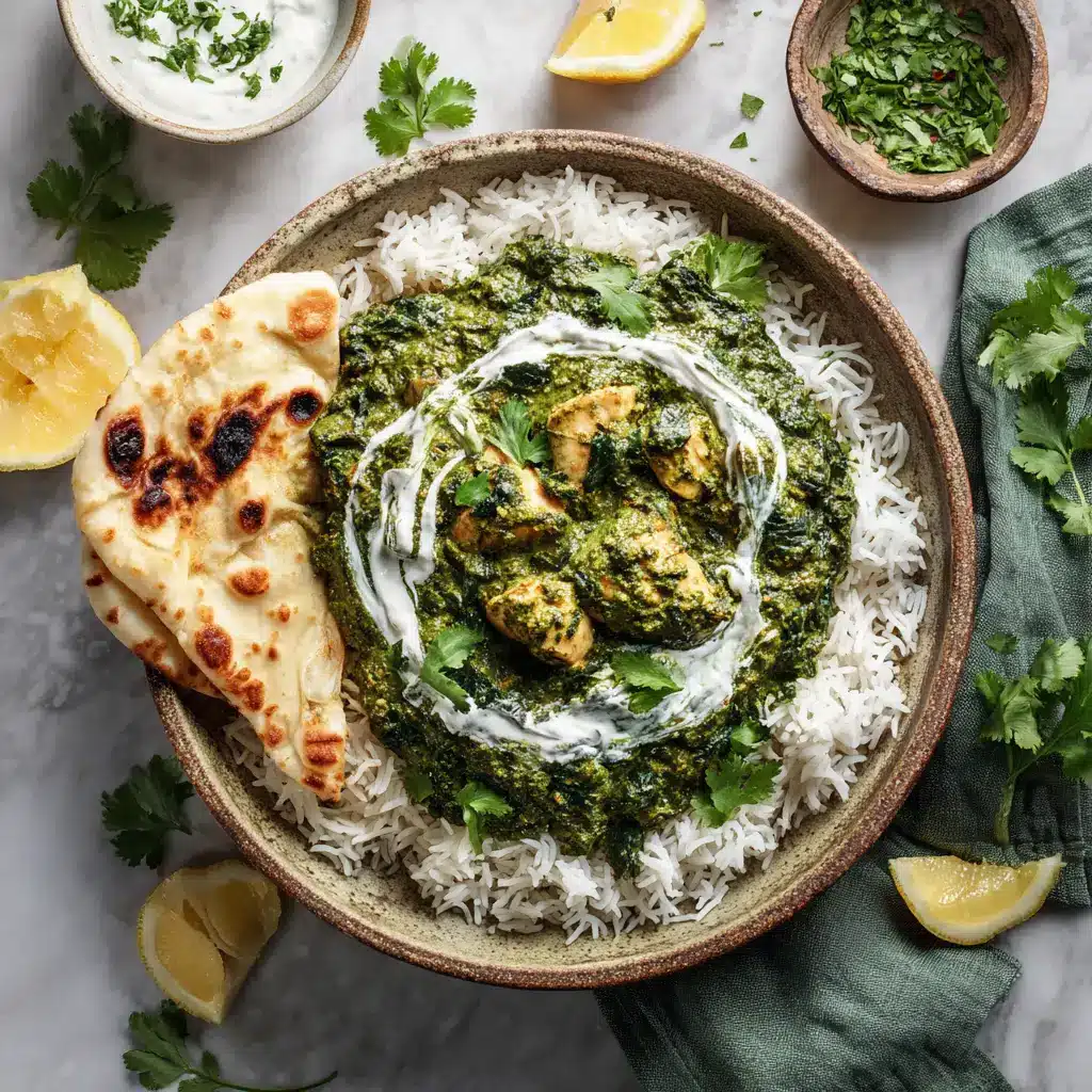 A lifestyle shot of Crockpot Chicken Saag being served from a large pot into a bowl, garnished with a swirl of cream and fresh cilantro.