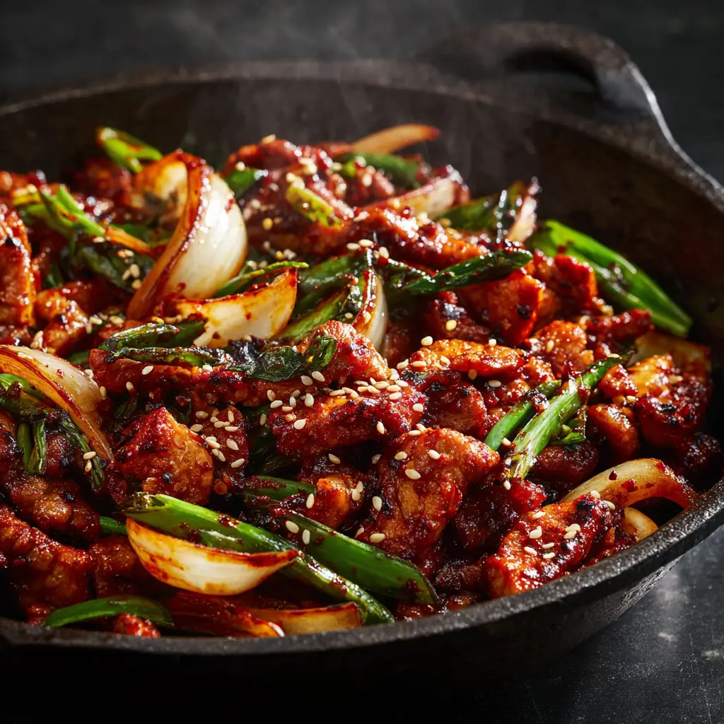 A spoonful of Korean Spicy Pork Stir Fry being lifted from a bowl, served over a bed of white rice. The image highlights the dish's deliciousness.