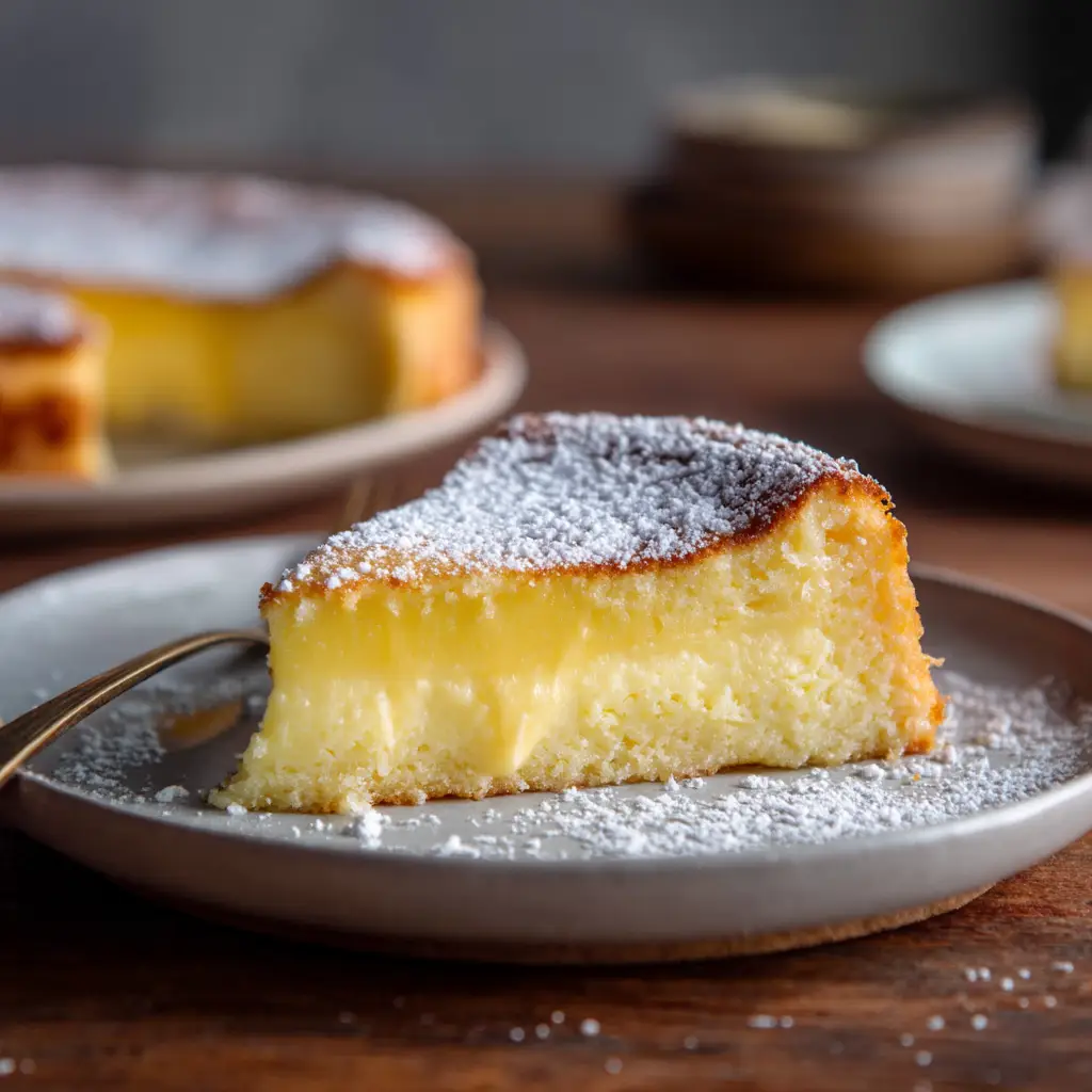 A generous slice of creamy lemon cake being lifted from the baking dish, with a dusting of powdered sugar on top.