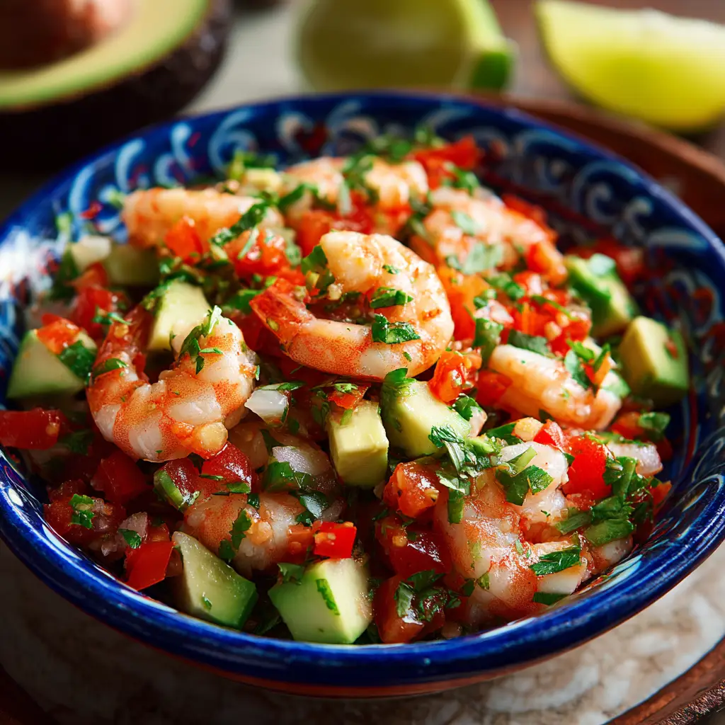 A spoonful of Mexican Shrimp Cocktail being lifted from a glass, showcasing the zesty sauce and mix of fresh ingredients.