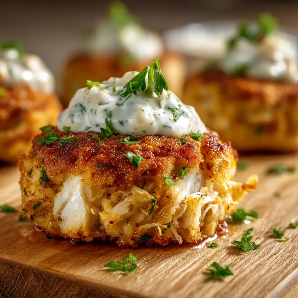 Old Bay Crab Cake Recipe (The Best!) 1 A plate of freshly pan-fried crab cakes with a side of lemon wedges and a small bowl of tartar sauce, ready to be served.