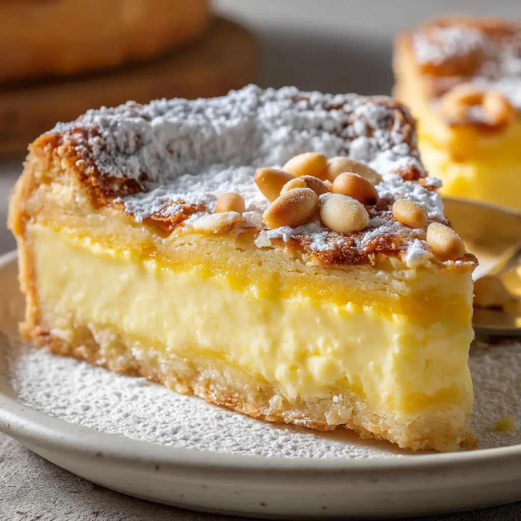An overhead view of a slice of Torta della Nonna being served. A fork is taking the first bite, showing the tender texture of the Italian custard tart.