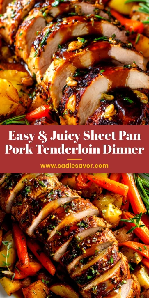 An amazing Sheet Pan Pork Tenderloin recipe with honey balsamic glaze, roasted potatoes, and broccoli on a baking sheet. The perfect easy one-pan dinner idea.