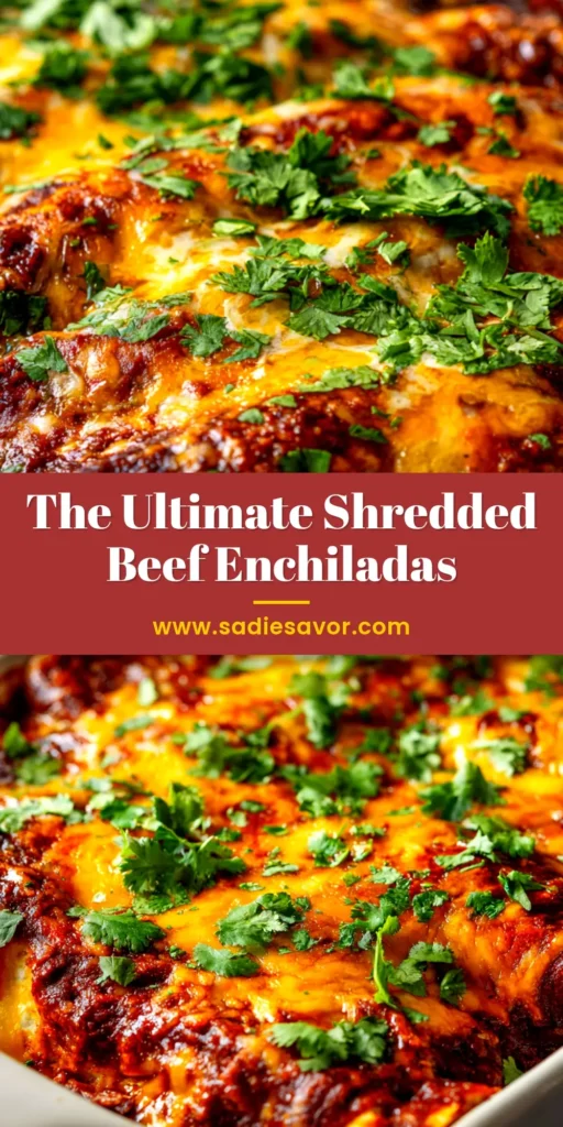 A pan of delicious homemade Shredded Beef Enchiladas, covered in red sauce and melted cheese, garnished with fresh cilantro.