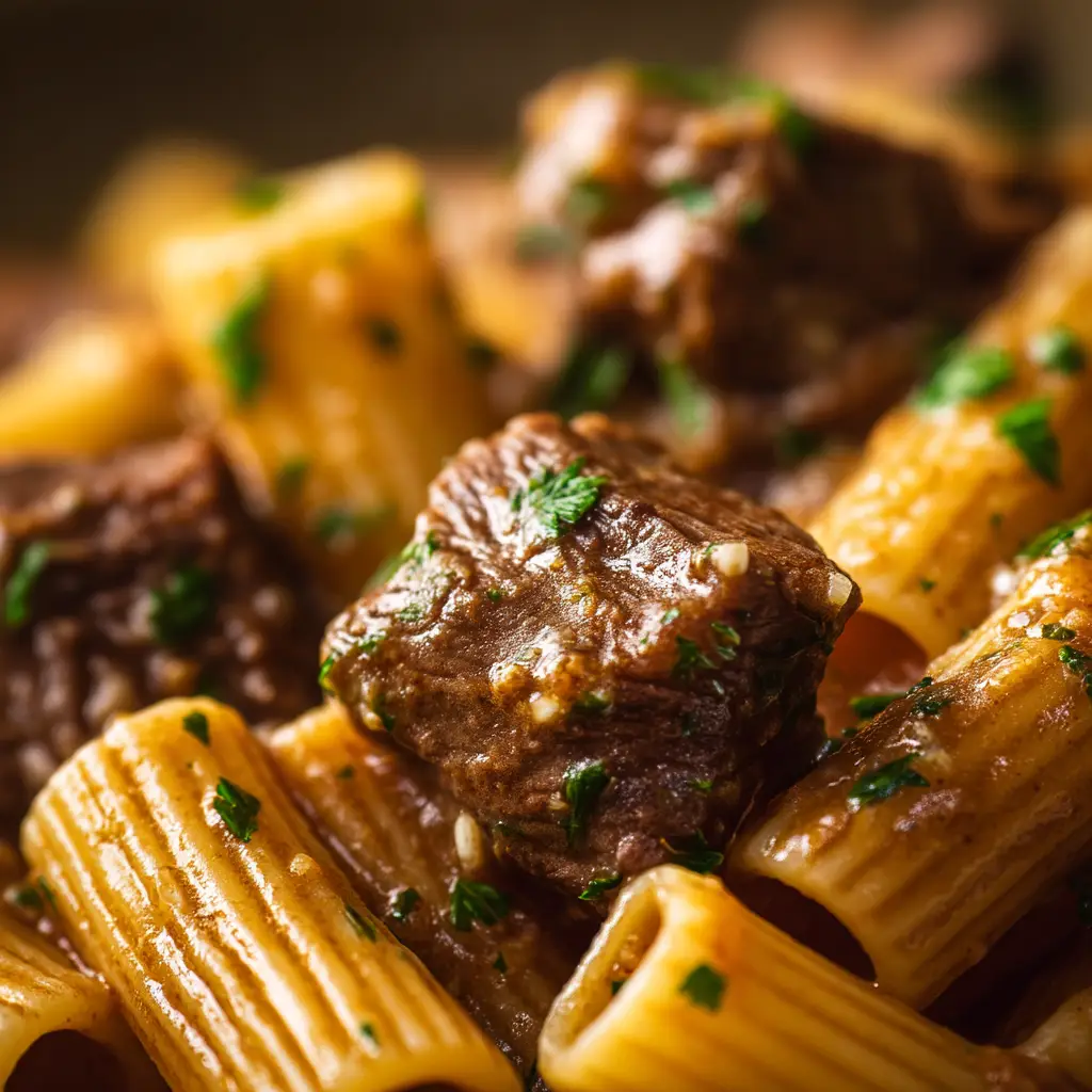 A fork twirling egg noodles and tender shredded beef from a bowl of slow cooker garlic beef pasta, with fresh parsley garnish visible.