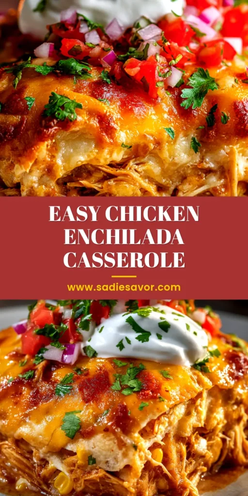 A top-down view of a freshly baked Shredded Chicken Enchilada Casserole in a white baking dish, garnished with fresh cilantro.