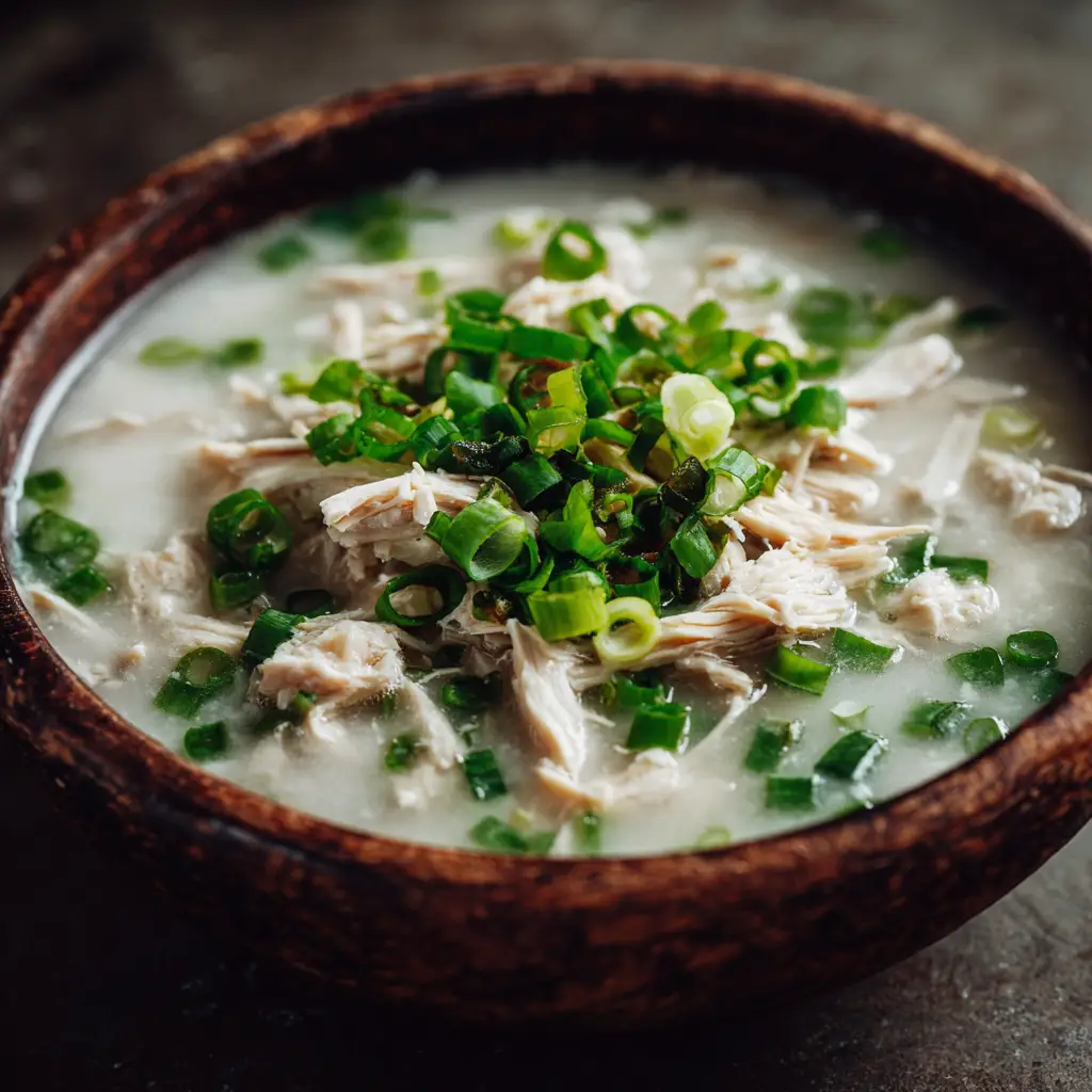 Tender, fall-off-the-bone chicken being shredded for inclusion in the finished Korean chicken soup.