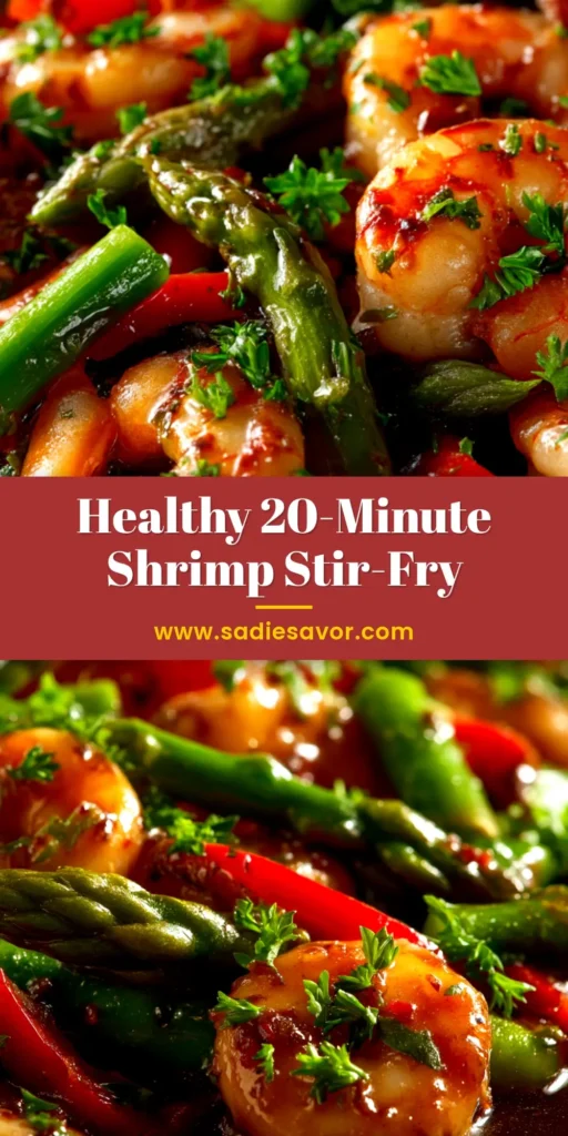 A delicious and easy shrimp and asparagus stir-fry in a white bowl, garnished with sesame seeds. This 20-minute recipe is perfect for a healthy weeknight dinner.