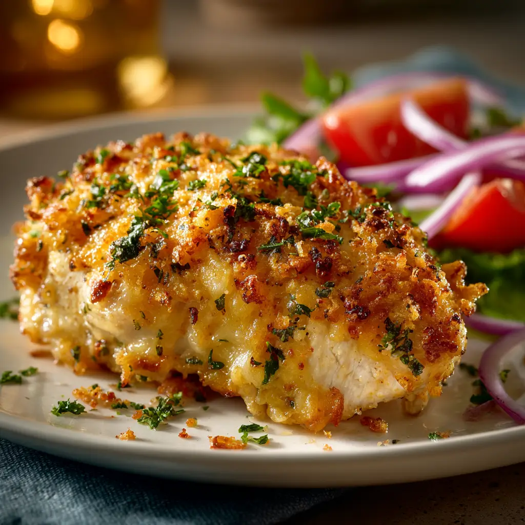 A rustic cast-iron skillet filled with Garlic Cheddar Chicken, showing multiple chicken breasts coated in the melted cheese sauce.