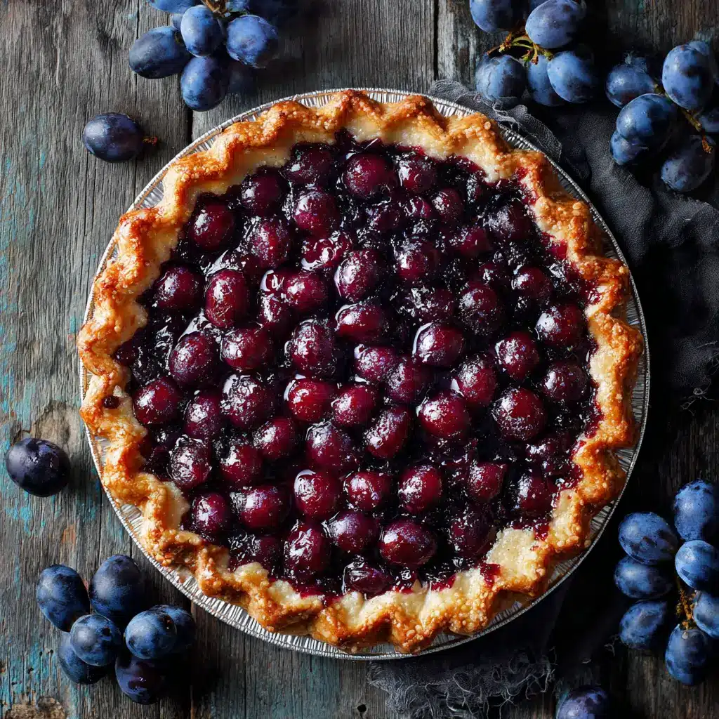 A single slice of homemade grape pie on a white plate, revealing the perfectly set, jammy filling. The slice is ready to be eaten.