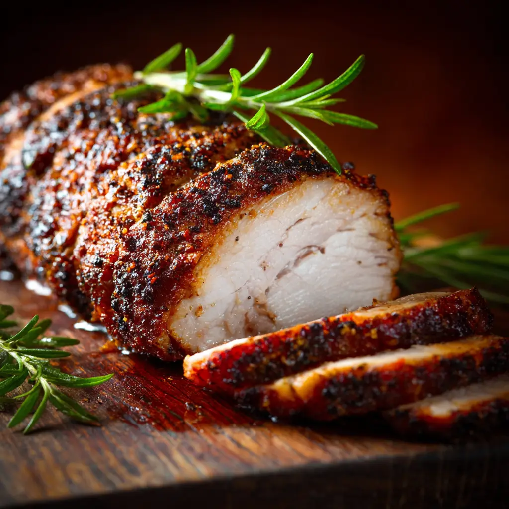 Slices of tender smoked pork loin arranged on a platter, ready to be served.
