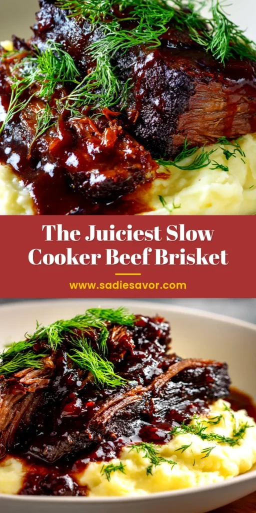 A perfectly cooked Slow Cooker Beef Brisket being sliced on a wooden board, showcasing its tender texture and juicy interior. The brisket has a dark, caramelized crust from the savory sauce.