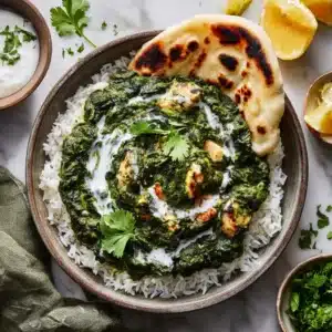 An overhead view of creamy slow cooker chicken saag served in a rustic bowl, showing the tender chunks of chicken in the vibrant green spinach sauce.