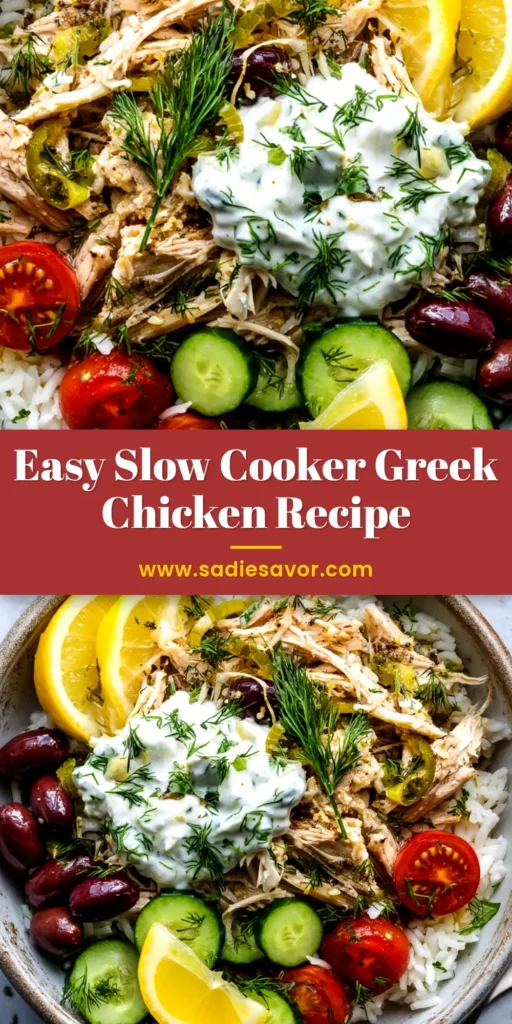 Slow Cooker Greek Chicken (The Easiest, Juiciest Recipe!) 3 A vibrant bowl of Slow Cooker Greek Chicken, shredded and mixed with feta, olives, and fresh herbs. An easy and flavorful crock pot recipe.