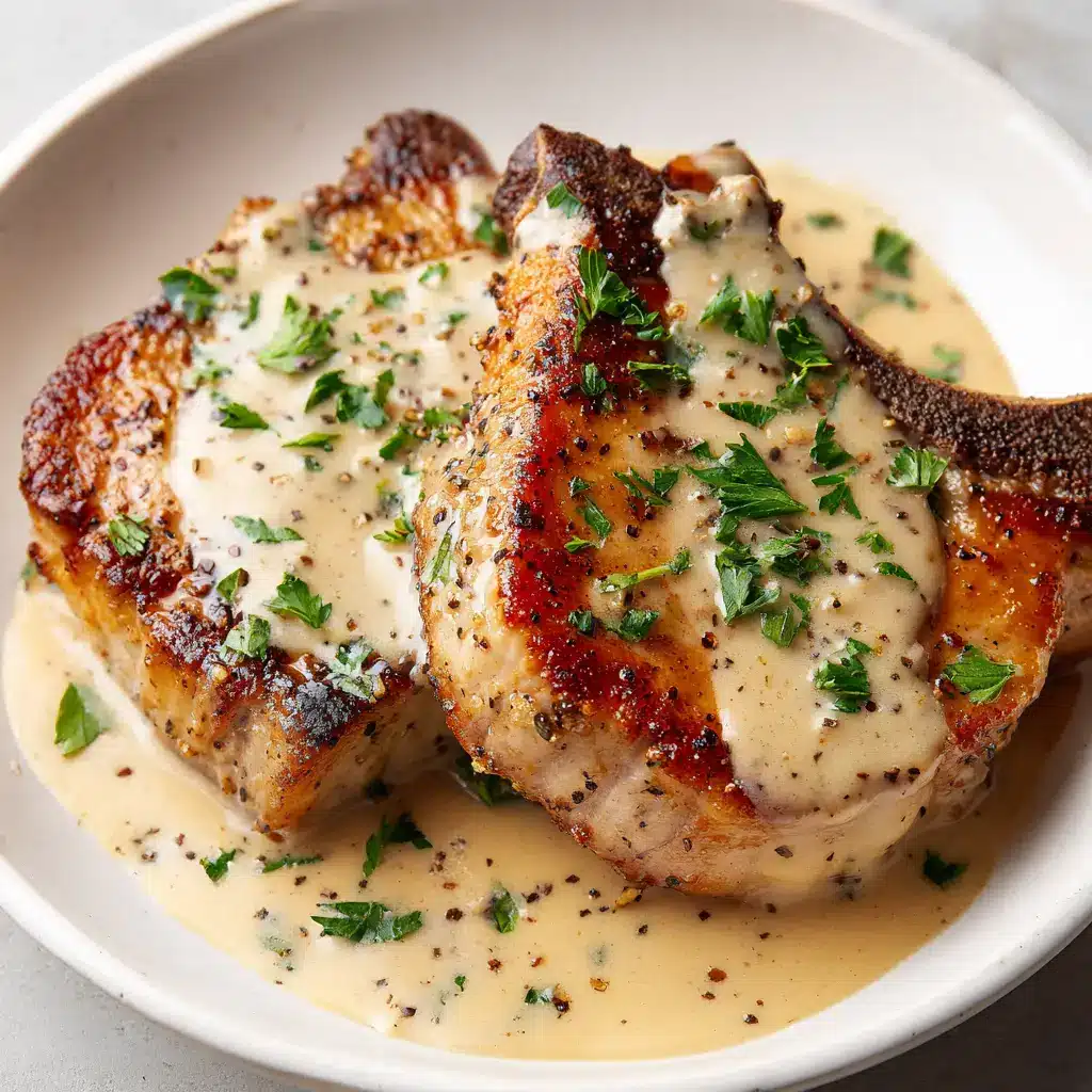 A plated meal of tender slow cooker pork chops with mashed potatoes and green beans, covered in a rich and savory gravy.