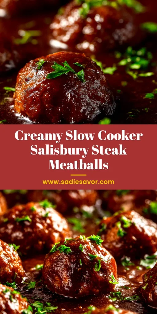 A top-down view of Slow Cooker Salisbury Steak Meatballs in a white bowl with a fork, served over mashed potatoes and garnished with fresh parsley.