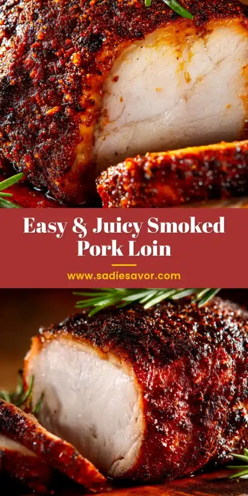 Juicy sliced smoked pork loin on a wooden cutting board, showcasing a perfect smoke ring. The ultimate smoked pork loin recipe for beginners.
