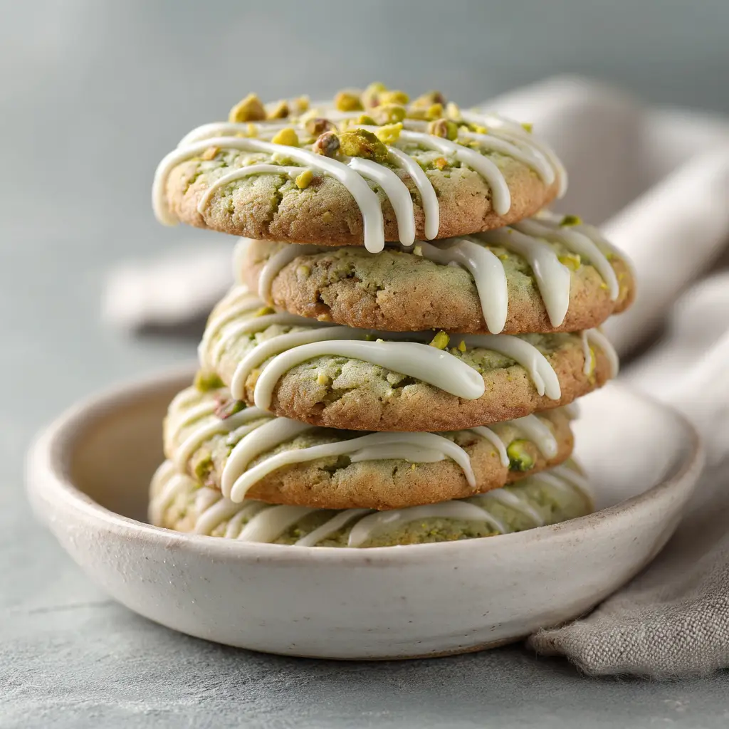 Pistachio Pudding Cookies: The Ultimate Recipe for Soft, Chewy Treats 2 A close-up shot of a stack of soft pistachio cookies made with pudding mix, showing their chewy texture.