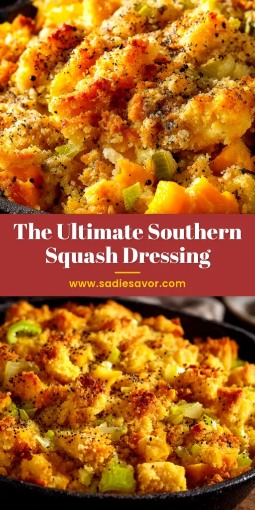 A savory Southern squash dressing baked in a white casserole dish, showcasing a golden-brown cheesy crust. The perfect holiday side dish recipe.