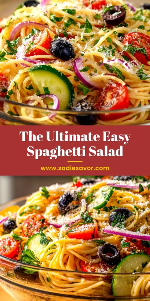 A vibrant and delicious spaghetti salad recipe in a white serving bowl, topped with fresh vegetables and a zesty Italian dressing. The perfect pasta salad for potlucks.