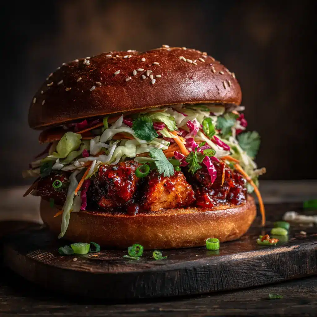 Korean BBQ Chicken Sandwich: The Ultimate Recipe 1 A spicy Korean chicken sandwich sliced in half, revealing the layers of tender chicken, creamy aioli, and tangy pickled slaw.