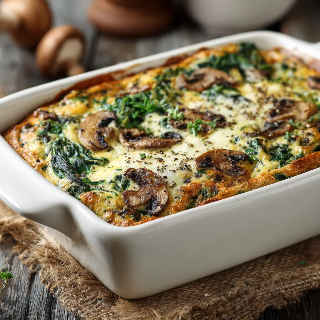 A close-up shot of the ingredients for the egg casserole, including fresh spinach, cremini mushrooms, and eggs, before mixing.