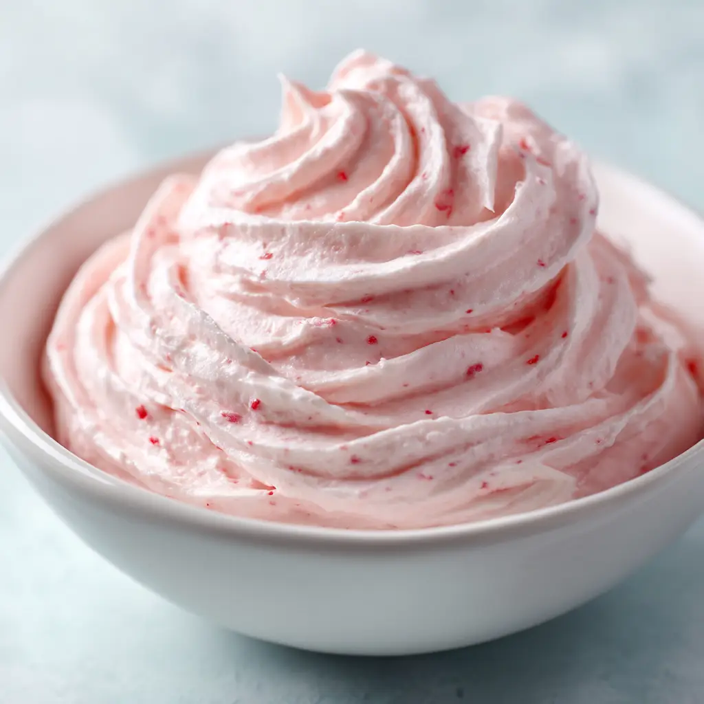 A spatula spreading smooth strawberry marshmallow frosting, highlighting its perfect consistency for cakes.