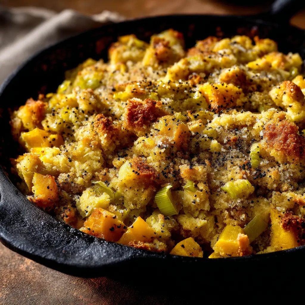 A spoonful of homemade squash and cornbread dressing being lifted from a baking dish, illustrating its moist and hearty consistency.