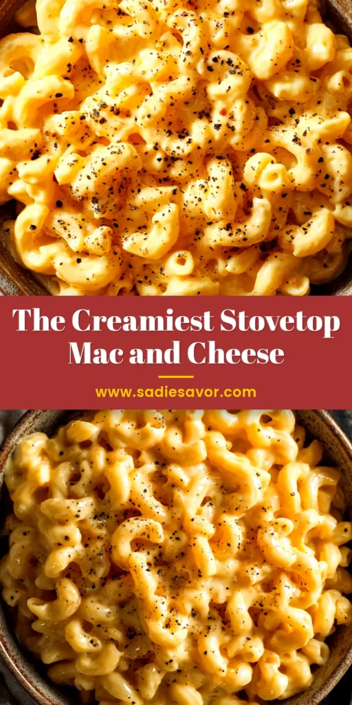 An overhead shot of a skillet filled with a creamy stovetop mac and cheese recipe, garnished with fresh parsley.