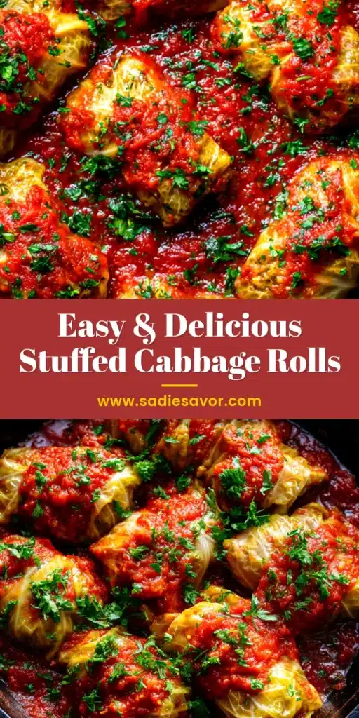 A close-up overhead shot of a baking dish filled with delicious stuffed cabbage rolls, smothered in a rich red tomato sauce. The perfect Stuffed Cabbage Rolls Recipe for a comforting family dinner.