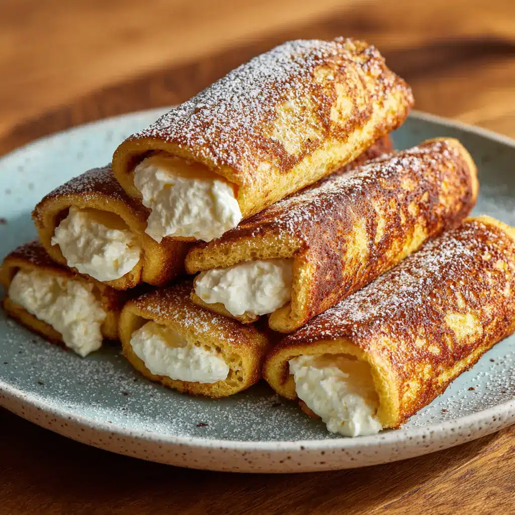 A close-up view of easy stuffed French toast roll-ups, showing the creamy filling inside.
