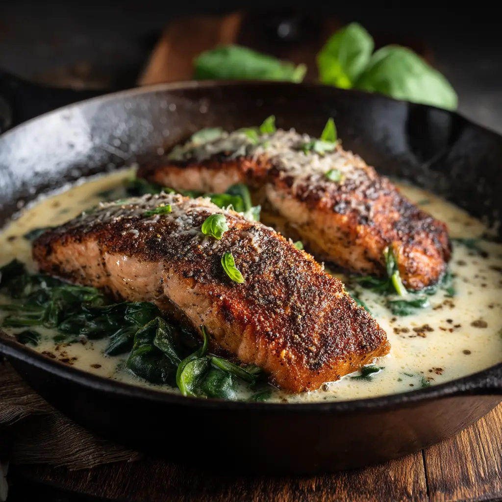 A detailed view of the creamy spinach and feta filling inside the stuffed salmon, illustrating the delicious ingredients used in the recipe.