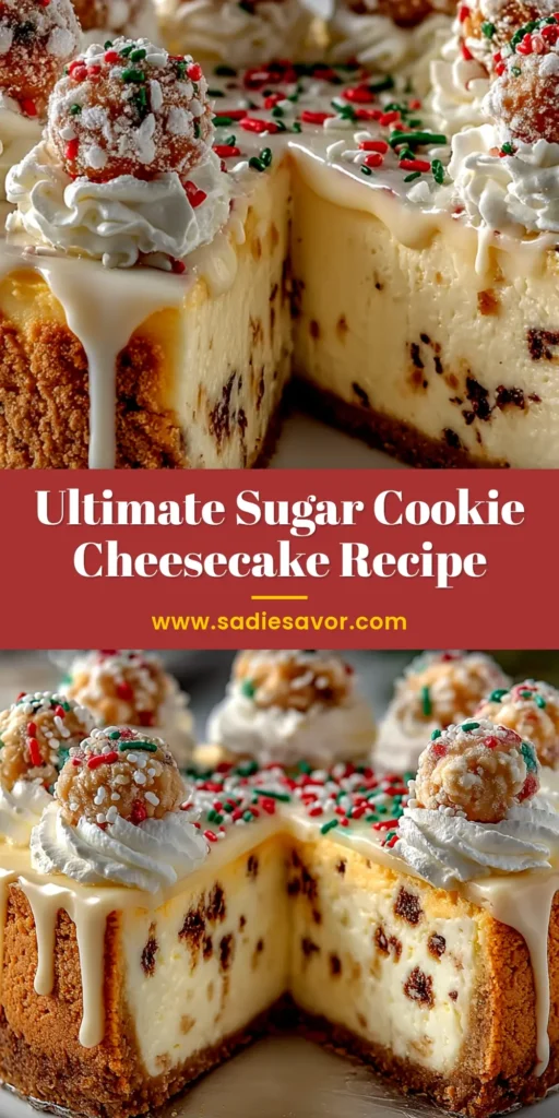 A whole Sugar Cookie Cheesecake on a cake stand, decorated with frosting swirls and sprinkles. This decadent dessert features a buttery cookie crust and a creamy cheesecake filling.