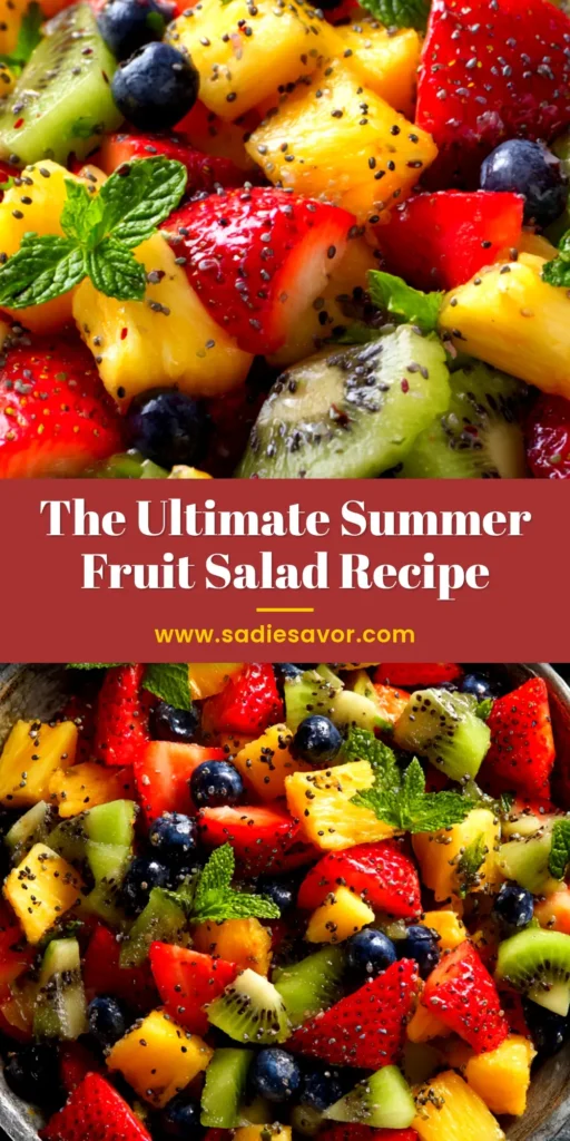 Summer Fruit Salad with Honey-Lime Dressing 4 An overhead shot of a vibrant summer fruit salad in a white bowl, tossed with a honey-lime dressing and garnished with fresh mint.