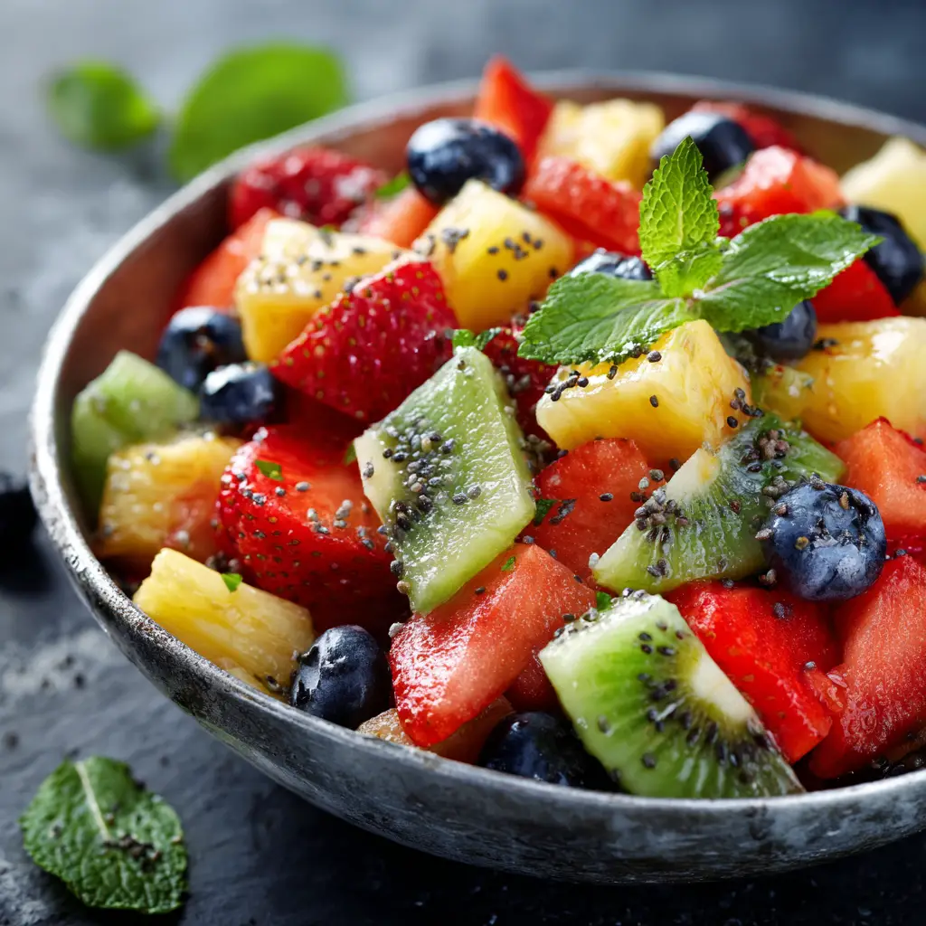 Summer Fruit Salad with Honey-Lime Dressing 1 A large serving bowl filled with the summer fruit salad, ready to be served at a family gathering or picnic.