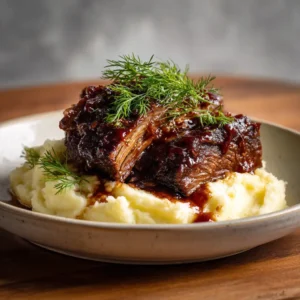 A close-up shot of the tender crock pot beef brisket after being slow-cooked, with sliced onions and a rich, savory sauce surrounding it. The meat is visibly juicy and falling apart.