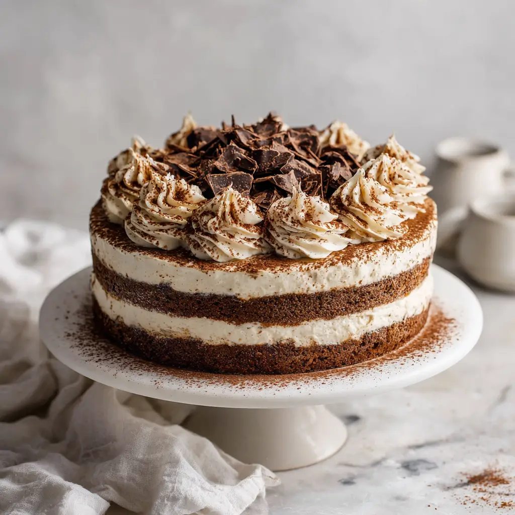 A detailed overhead shot of the coffee tiramisu cake, highlighting the smooth mascarpone cream topping and the rich cocoa dusting.