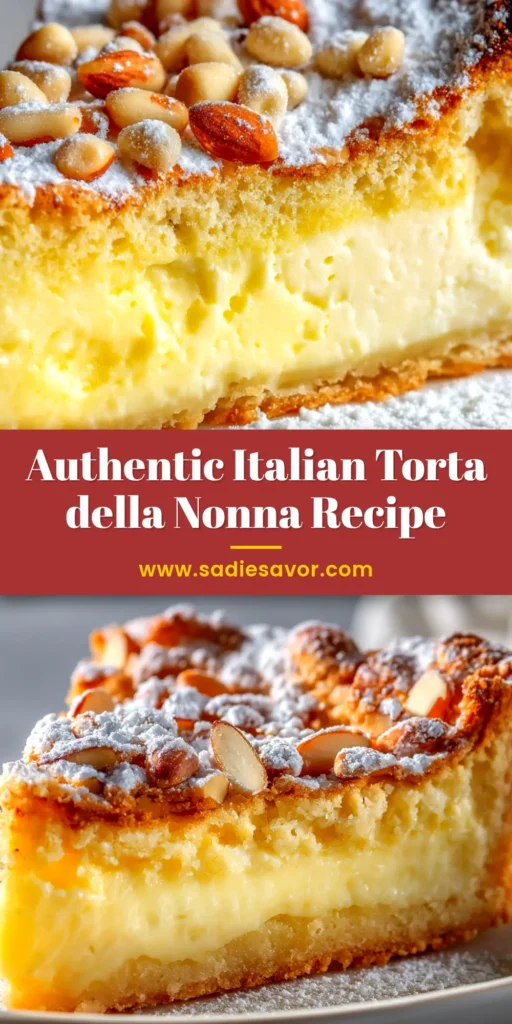 A whole Torta della Nonna on a cake stand, dusted with powdered sugar and topped with pine nuts. This authentic Italian Grandmother's Cake has a golden-brown crust and a creamy filling.